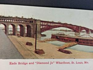 Postcard  Hand Tinted  Eads Bridge &  Diamond Joe, Wharfboat, St. Louis, MO Y9