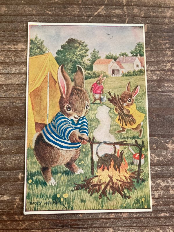 The Campers, Rabbit Family, Racey Helps, Medici Society, Vintage Postcard 