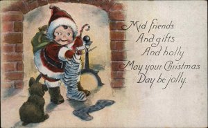 Christmas Children Costumes Santa Claus Wishbone Fireplace c1900s-10s Postcard