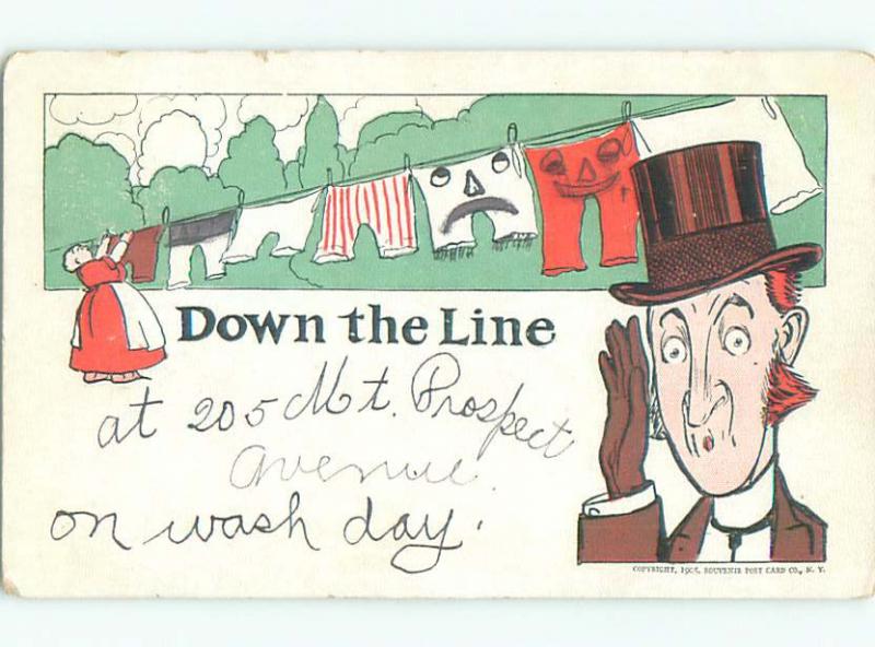 Pre-1907 comic DOWN THE LINE - WOMAN HANGS OUT LAUNDRY o3144