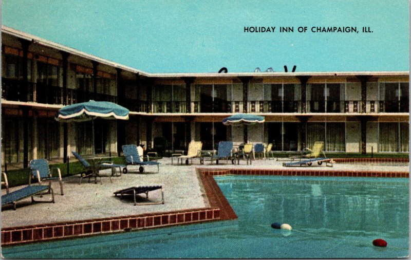 Vtg 1960's Holiday Inn Hotel Champaign Illinois Pool Side Chrome Postcard