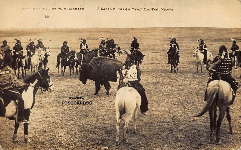 A LITTLE FRESH MEAT FOR THE REDMEN-NATIVE AMERICANS RPPC REAL PHOTO POSTCARD