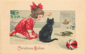 Stecher Christmas Postcard 731-F Girl in Red Plays w/ Black Cat & Toys, Unposted