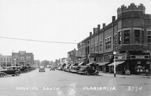J77/ Clarion Iowa RPPC Postcard c1940-50s Main Street Stores 167