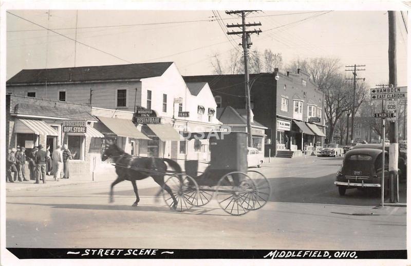 Ohio Postcard Real Photo RPPC c1950 MIDDLEFIELD Inn Amish Buggy Department Store