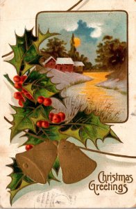 Merry Christmas With Gold Bells Holly and Winter Scene 1908