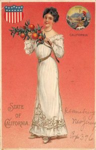 State of California Seal Woman & Oranges Eureka 1912 Embossed Vintage Postcard