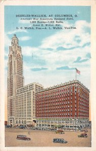 Columbus Ohio 1928 Postcard Deshler-Wallick Hotel Cars Flag