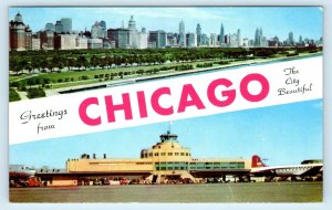 CHICAGO, IL Illinois ~ Split View of AIRPORT & CITY c1950s Cook County Postcard