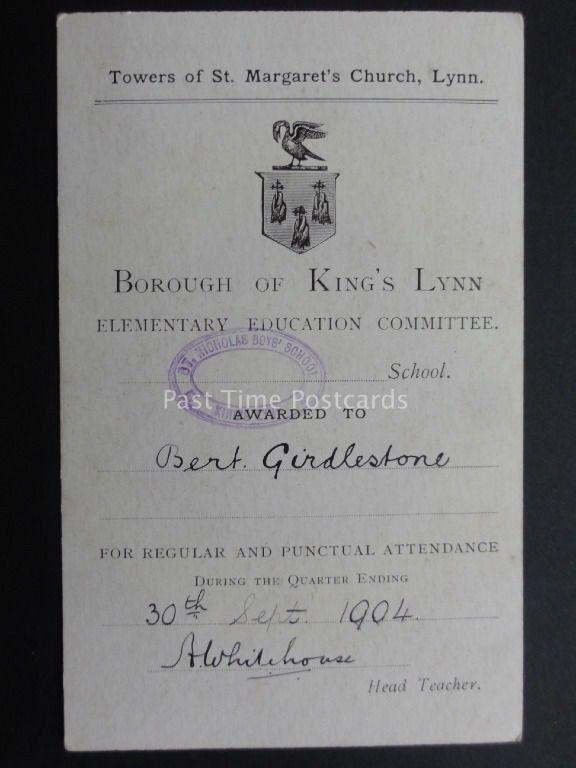 Norfolk: King's Lynn Education Committee AWARD CARD c1904 Bert Girdlestone