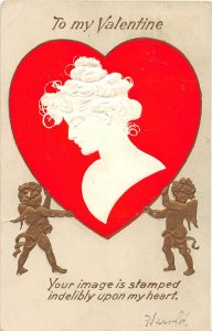 H53/ Valentine's Day Love Gold Postcard c1910 Silohuette Woman Heart Cupids 49