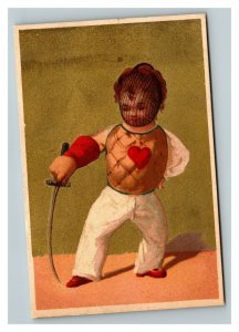 Vintage 1880's Victorian Trade Card Boy in Fencers Uniform Foil Big Red Heart