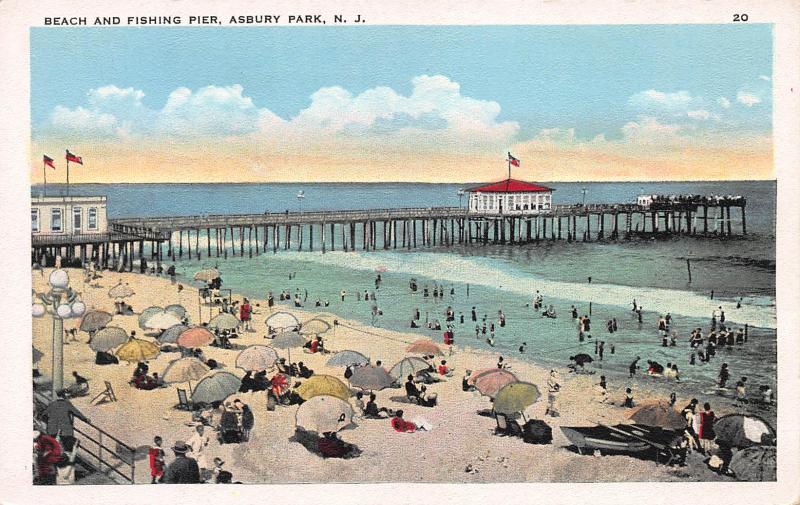 Beach and Fishing Pier, Asbury Park, New Jersey, Early Postcard, Unused