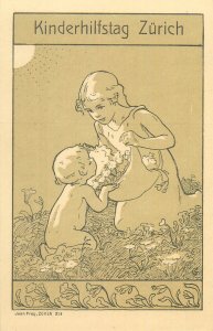 Art nouveau children pick flowers in the meadow child care charity day Zurich 