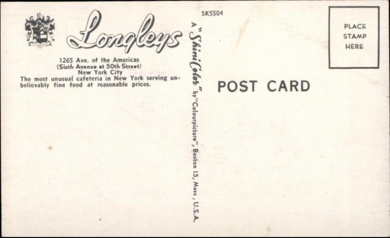 Longleys Cafeteria New York City 6th Ave at 50th Old Postcard