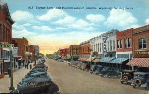 Laramie Wyoming WY Street Scene Drugstore Cars 1940s Linen Postcard