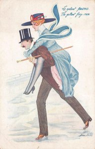 FRANCE WOMAN GALLANTRY ON ICE ARTIST SIGNED XAVIER SAGER POSTCARD (c. 1910)