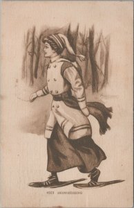 Postcard Winter Scene Woman Snowshoeing 1910
