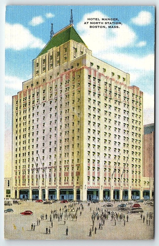 1930s BOSTON MASS HOTEL MANGER AT NORTH STATION LINEN STREET VIEW POSTCARD P2085