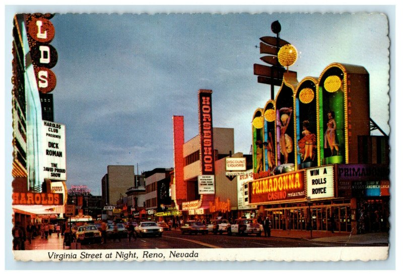 c1970s Virginia Street at Night Reno Nevada NV Unposted Vintage Postcard