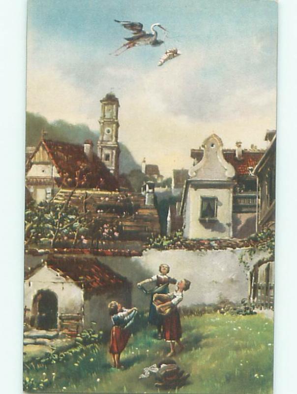 foreign c1910 Postcard WOMEN WAIT FOR STORK BIRD TO DROP BABY FROM SKY AC2851