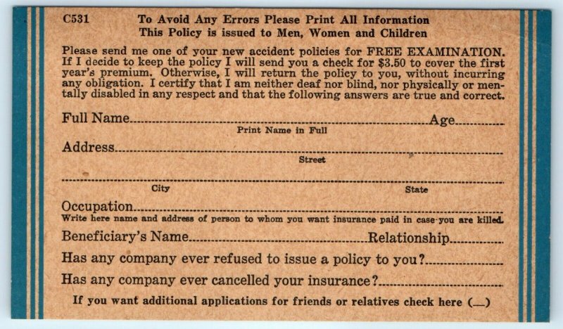 1910s Kansas City MO Advertising Postal Life Casualty Insurance Postcard Form A3
