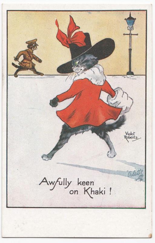 Anthropomorphic Cat Comic PPC, By Tuck, Awfully Keen On Khaki, Violet Roberts