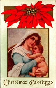 Christmas Greetings Pointsettia Mary Baby Jesus Embossed 1915 Postcard