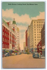 Des Moines Iowa IA Postcard Sixth Avenue Looking South Business Section c1940s