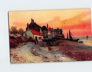 Postcard Ships Trees Beach Village Scene Painting