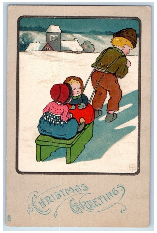 c1910's Christmas Greetings Boy Pulling Girls Winter Dennis MA Tuck's Postcard