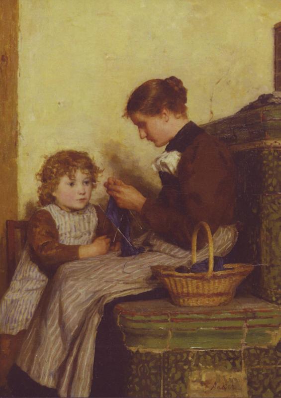 Lady and Little Girl hand-knit Needlework Sew by Albert Anker NEW MDRN Postcard