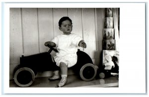 c1940's Cute Little Boy Riding His Car Toy Unposted Vintage RPPC Photo Postcard