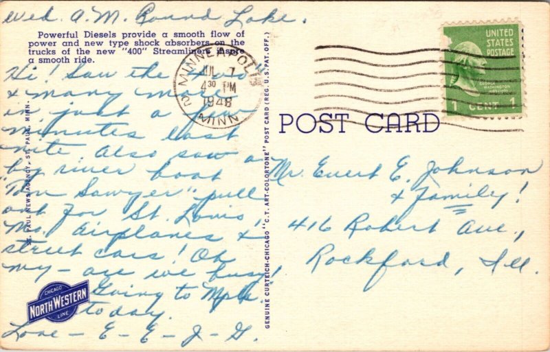 Linen Postcard Famous Streamliner 400 Chicago and North Western Line