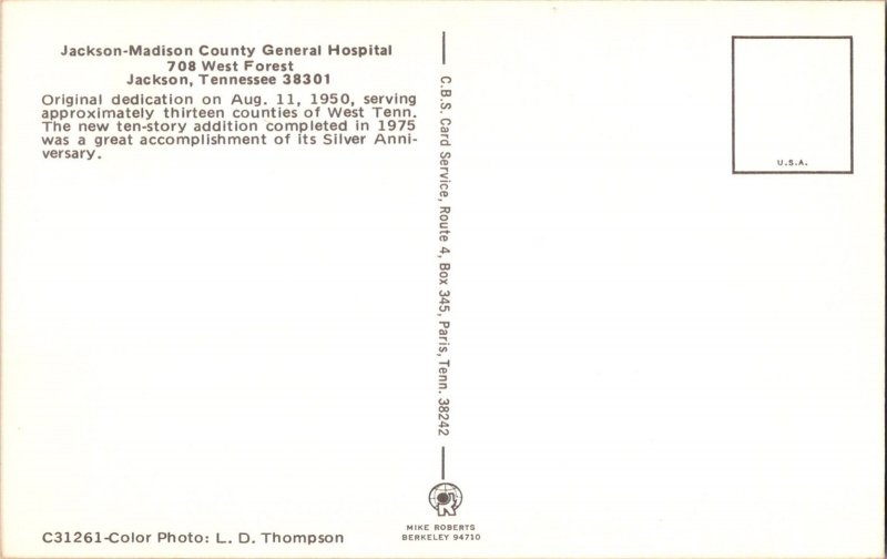 Jackson-Madison County General Hospital Jackson, Tennessee Vintage Postcard KE11