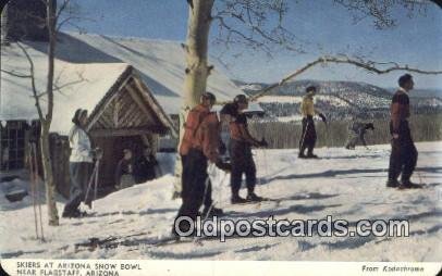 Skiers Leaving The Lodge , Arizona Snow Bowl, AZ USA Skiing writing on back w...