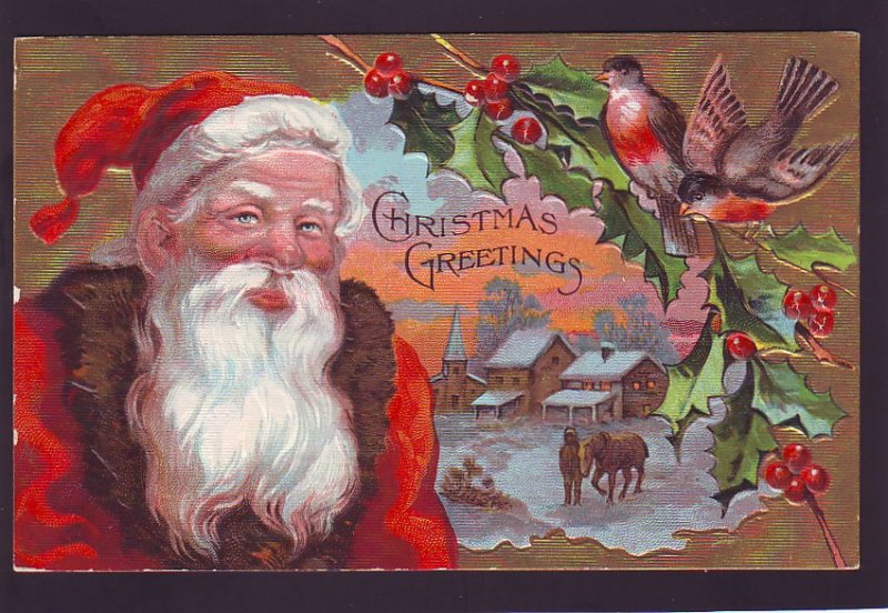 P1541 old used postcard large santa clause birds village etc christmas greetings