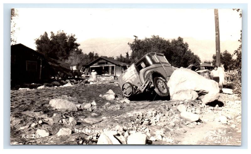 Postcard New Year's Day Montrose Flood, CA 01/01/1934 RPPC car boulders D15