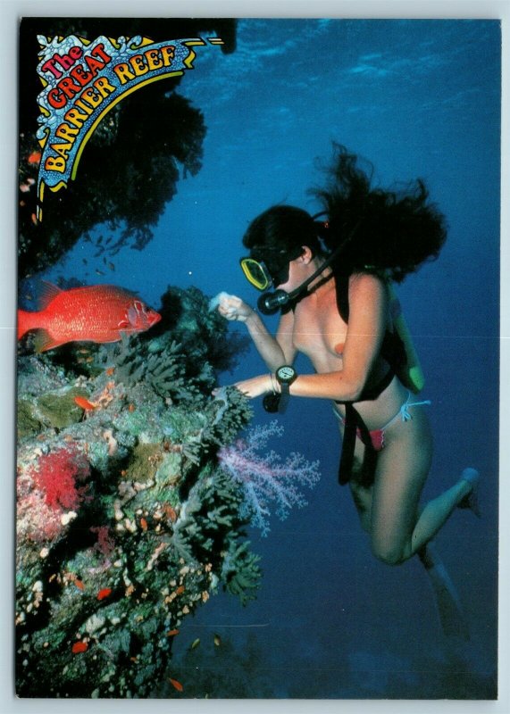 Postcard Australia Queensland Great Barrier Reef Nude Topless Female Diver 3 AD6