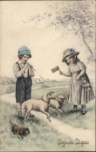 Easter Children Play Musical Instruments Dog Sheep c1900s-10s Postcard