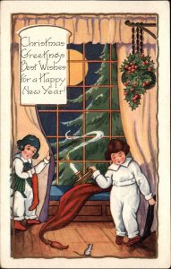Whitney Christmas Children Find Mouse by Window Vintage Postcard