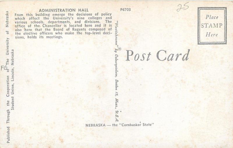 Lincoln Nebraska~University of Nebraska~Administration Hall~1950s Postcard