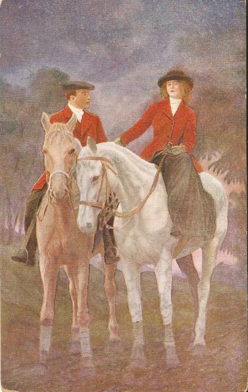 Rider's Couple. Romancve on their horses Old vintage P...