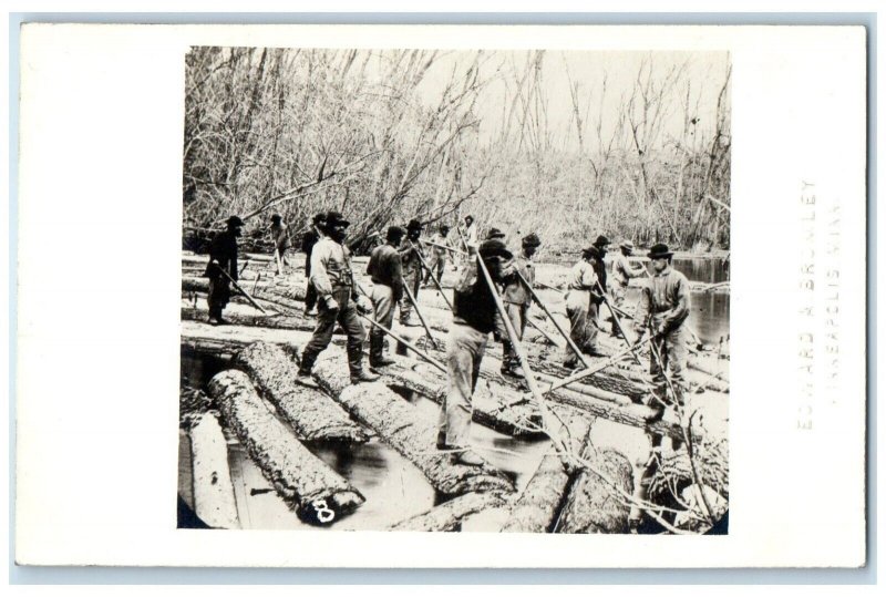 c1910's Lumber Men On Rum River Bromley Minneapolis MN RPPC Photo Postcard