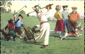 Fantasy Dressed Animals Cats Golf Caddy Dog Mainzer Vintage Postcard