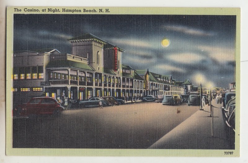 P2842, 1944 postcard the casino at night old cars street scene hampton beach NH