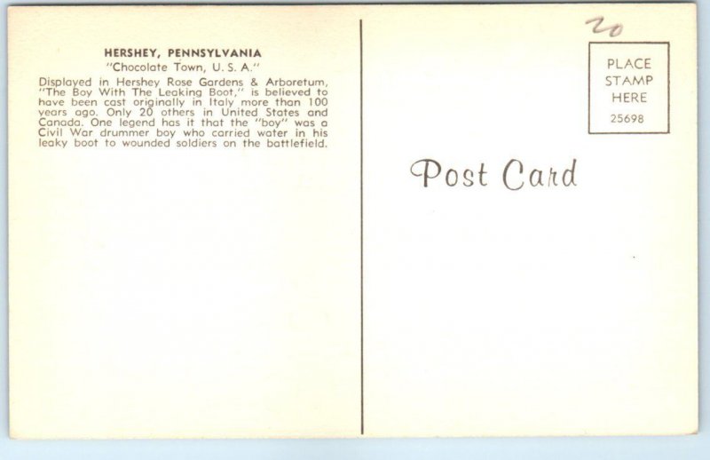 Postcard - The Boy with the Leaking Boot, Hershey, Pennsylvania, USA