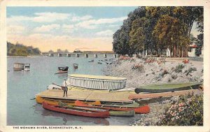 Boats Canoes Mohawk River Train on BridgeSchenectady Lake New York 1919 postcard