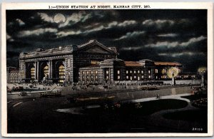 1930's Union Passenger Station At Night Kansas City Missouri MO Posted Postcard