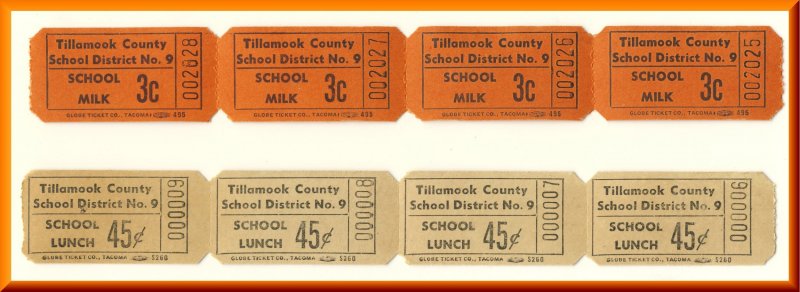 Vintage School Milk & Lunch Tickets, Tillamook County, Oregon/OR, 1950's?